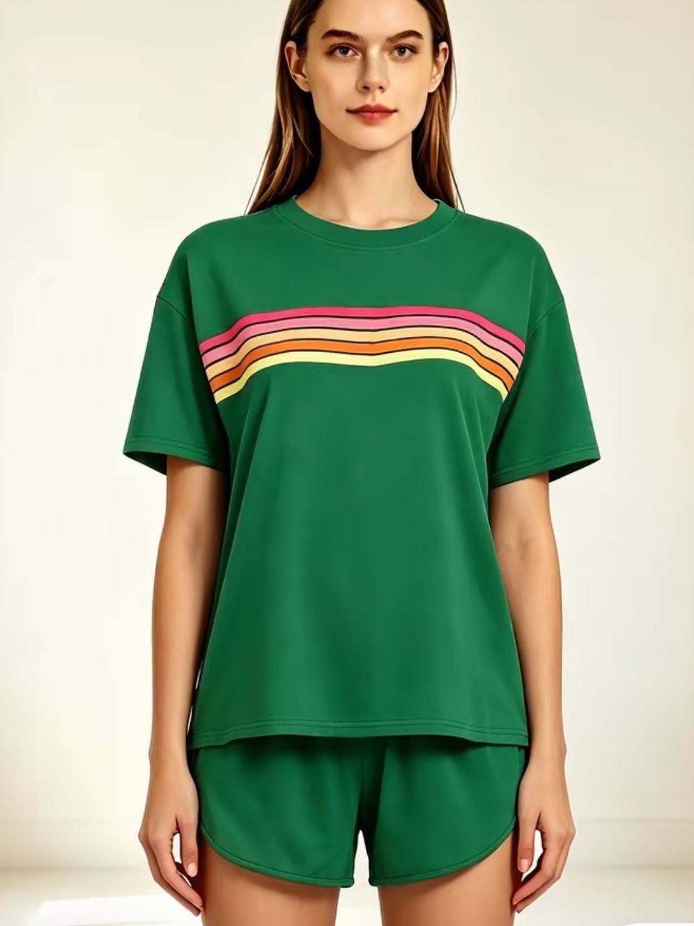 Green Rainbow Stripe Tee & Shorts Set in Green, NWT, size L - Picture 4 of 5